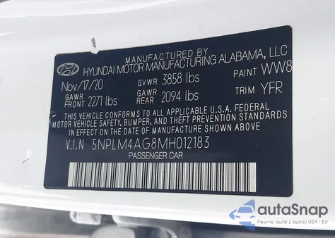 2021 Hyundai Elantra Sel z USA, uszkodzony, nr VIN 5NPLM4AG8MH012183
